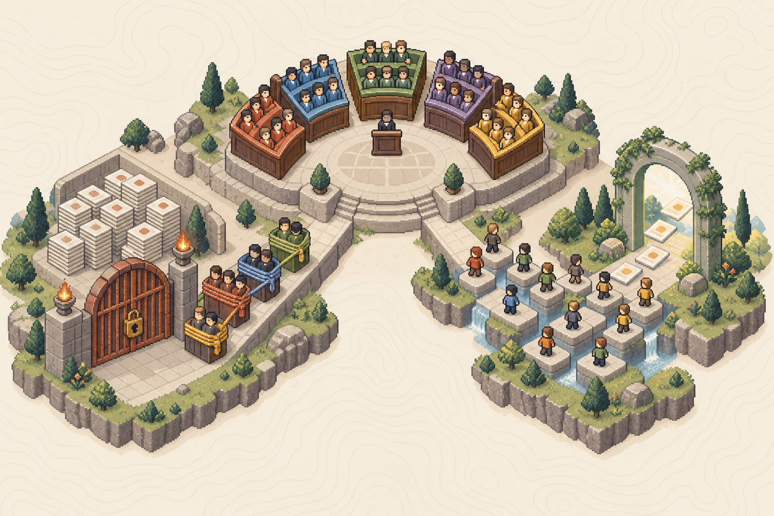 Pixel-art simulation of a five-party legislature splitting between disciplined gridlock and independent policy passage.