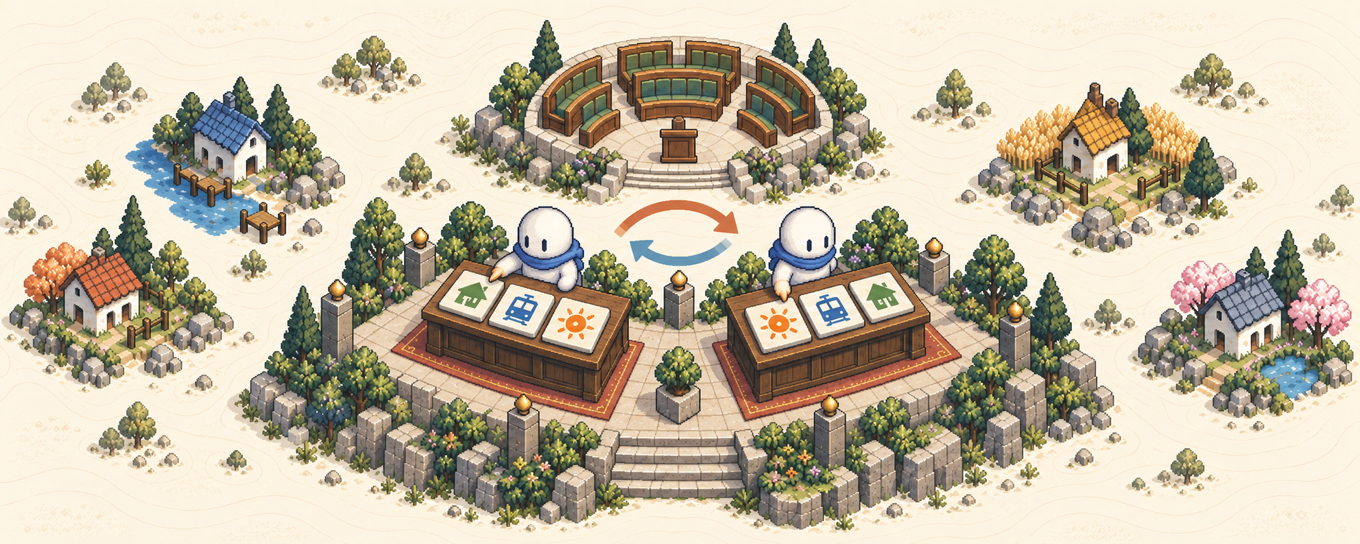 Pixel-art robot shown twice choosing different policy cards after their order is reversed, on a parchment-map landscape.